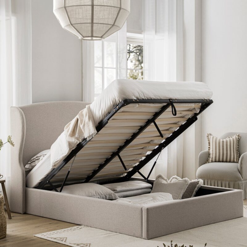 Kimberly Winged Upholstered Storage Bed, Sand Fabric - Image 3