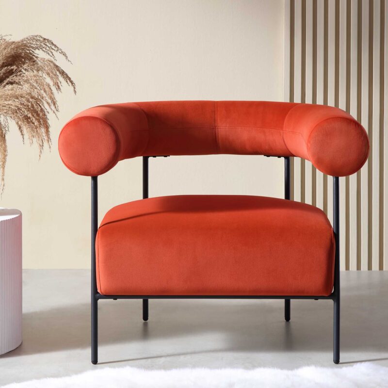 Fulbourn Rust Ochre Velvet Armchair - Image 2