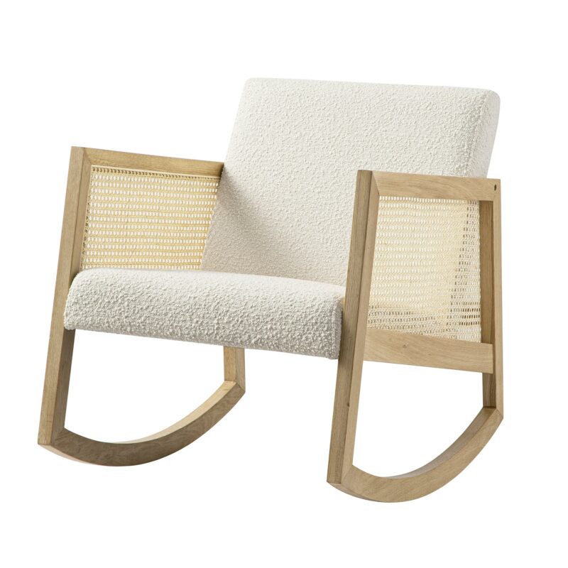 Fyne Ecru Boucle Rocking Natural Oak Armchair with Rattan Armrests - Image 2