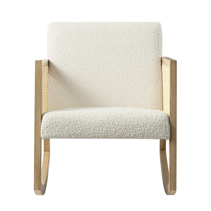 Fyne Ecru Boucle Rocking Natural Oak Armchair with Rattan Armrests - Image 3