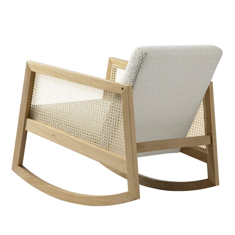 Fyne Ecru Boucle Rocking Natural Oak Armchair with Rattan Armrests - Image 5