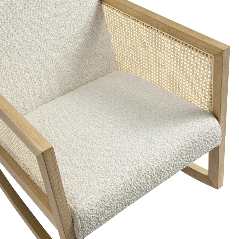 Fyne Ecru Boucle Rocking Natural Oak Armchair with Rattan Armrests - Image 7