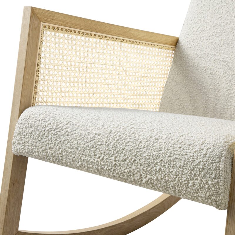 Fyne Ecru Boucle Rocking Natural Oak Armchair with Rattan Armrests - Image 8