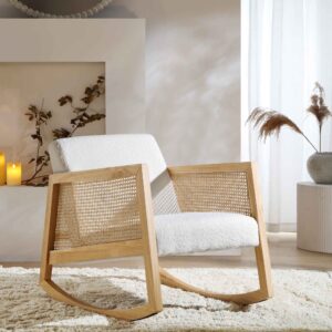 Fyne Ecru Boucle Rocking Natural Oak Armchair with Rattan Armrests