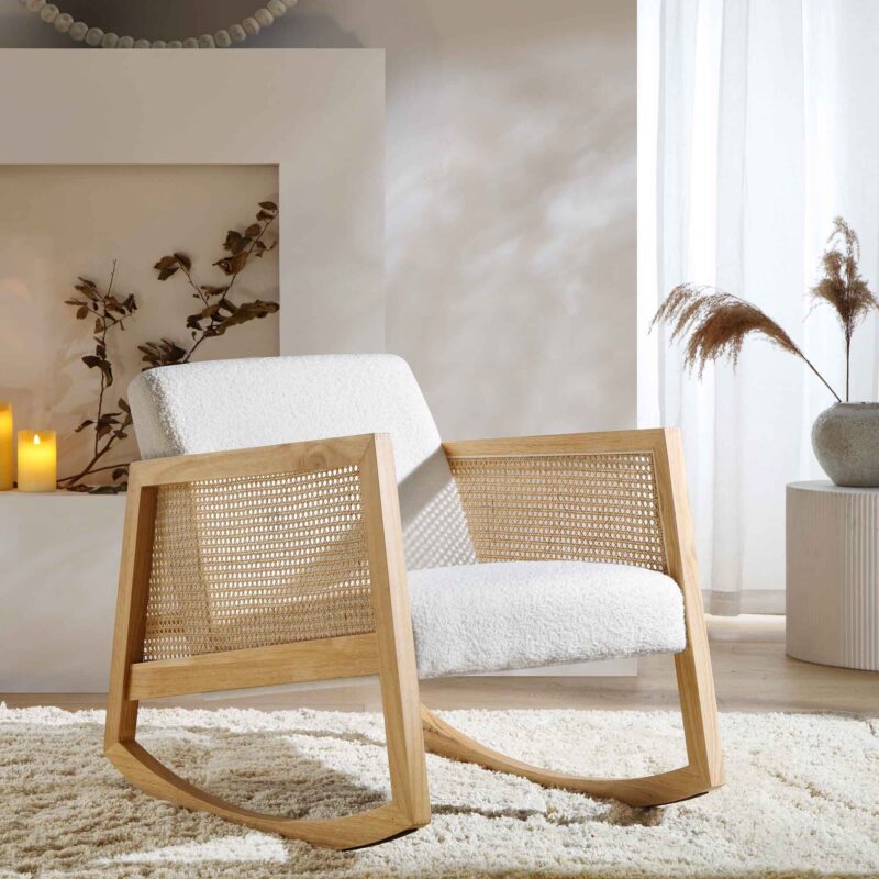Fyne Ecru Boucle Rocking Natural Oak Armchair with Rattan Armrests