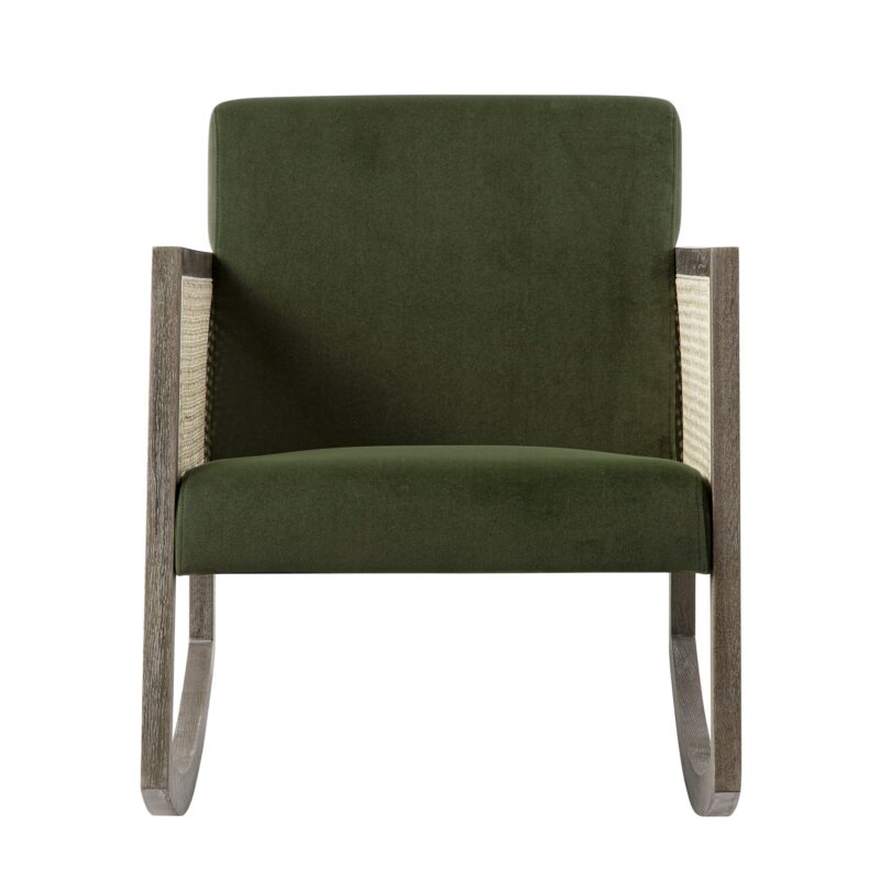 Fyne Moss Green Velvet Rocking Weathered Oak Armchair with Rattan Armrests - Image 2