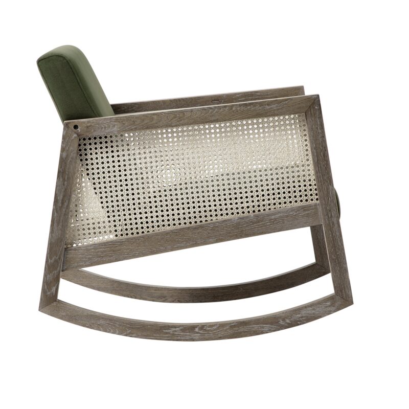 Fyne Moss Green Velvet Rocking Weathered Oak Armchair with Rattan Armrests - Image 4