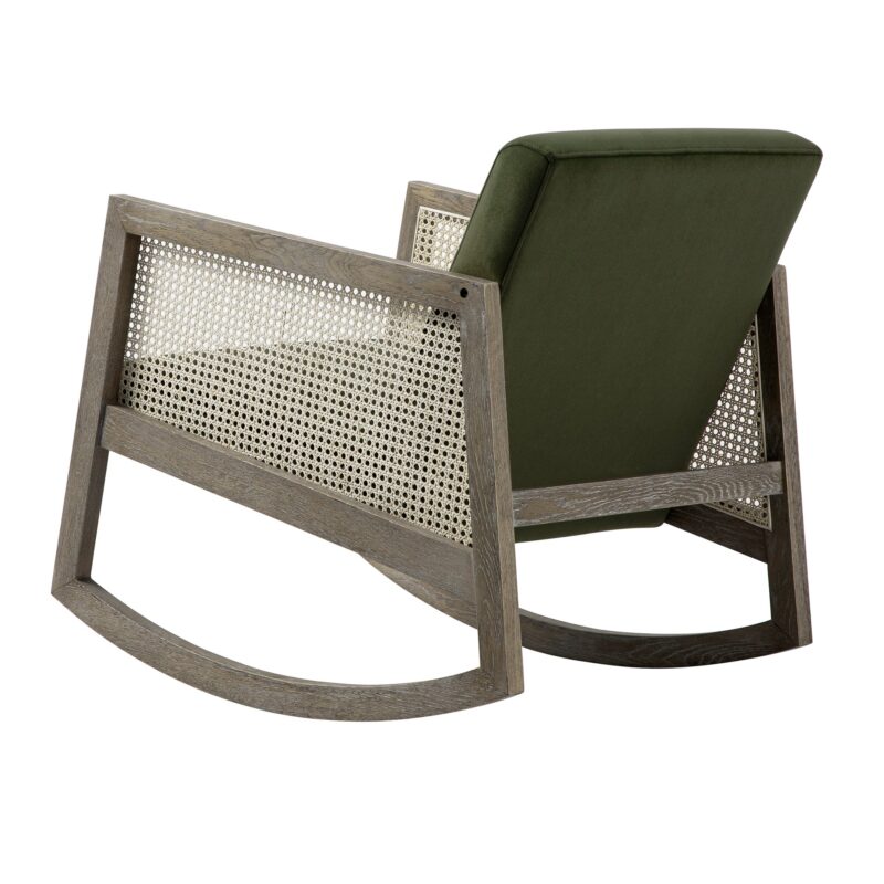 Fyne Moss Green Velvet Rocking Weathered Oak Armchair with Rattan Armrests - Image 5