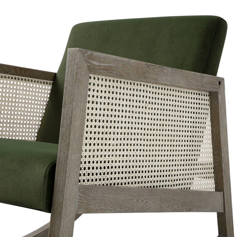 Fyne Moss Green Velvet Rocking Weathered Oak Armchair with Rattan Armrests - Image 6