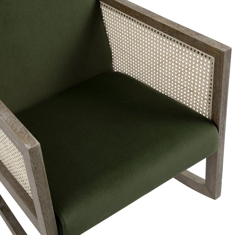 Fyne Moss Green Velvet Rocking Weathered Oak Armchair with Rattan Armrests - Image 7