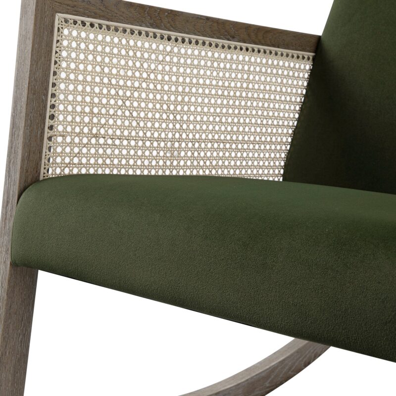 Fyne Moss Green Velvet Rocking Weathered Oak Armchair with Rattan Armrests - Image 8