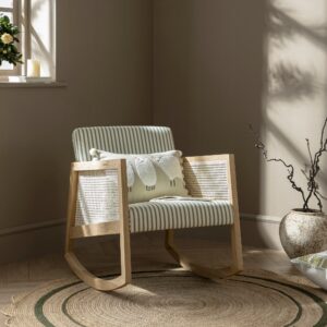 Fyne Sage Striped Linen Blend Natural Oak Armchair with Rattan Armrests