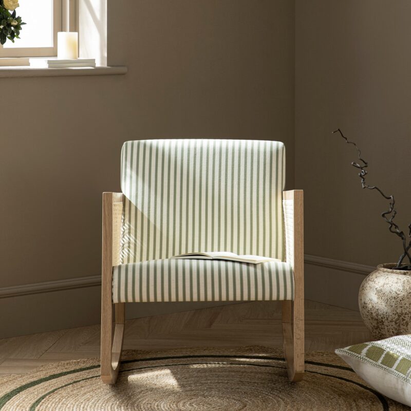 Fyne Sage Striped Linen Blend Natural Oak Armchair with Rattan Armrests - Image 2