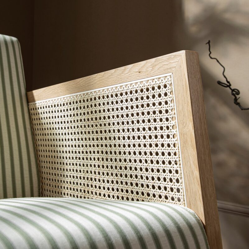 Fyne Sage Striped Linen Blend Natural Oak Armchair with Rattan Armrests - Image 5