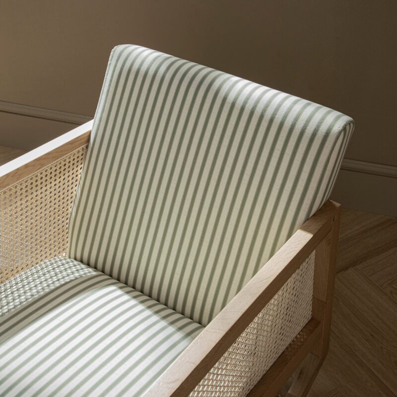 Fyne Sage Striped Linen Blend Natural Oak Armchair with Rattan Armrests - Image 6