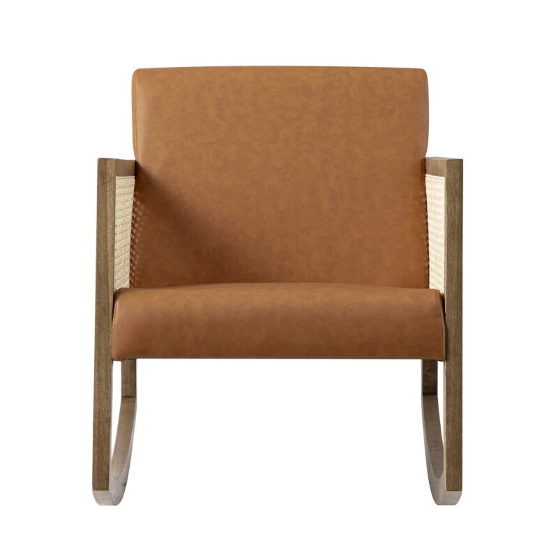 Fyne Tan Faux Leather Rocking Light Walnut Armchair with Rattan Armrests - Image 2