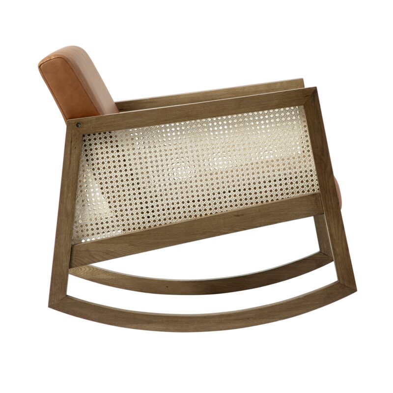 Fyne Tan Faux Leather Rocking Light Walnut Armchair with Rattan Armrests - Image 4