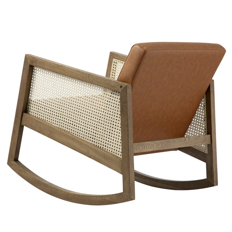 Fyne Tan Faux Leather Rocking Light Walnut Armchair with Rattan Armrests - Image 5