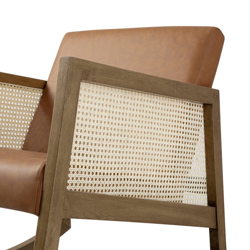 Fyne Tan Faux Leather Rocking Light Walnut Armchair with Rattan Armrests - Image 6