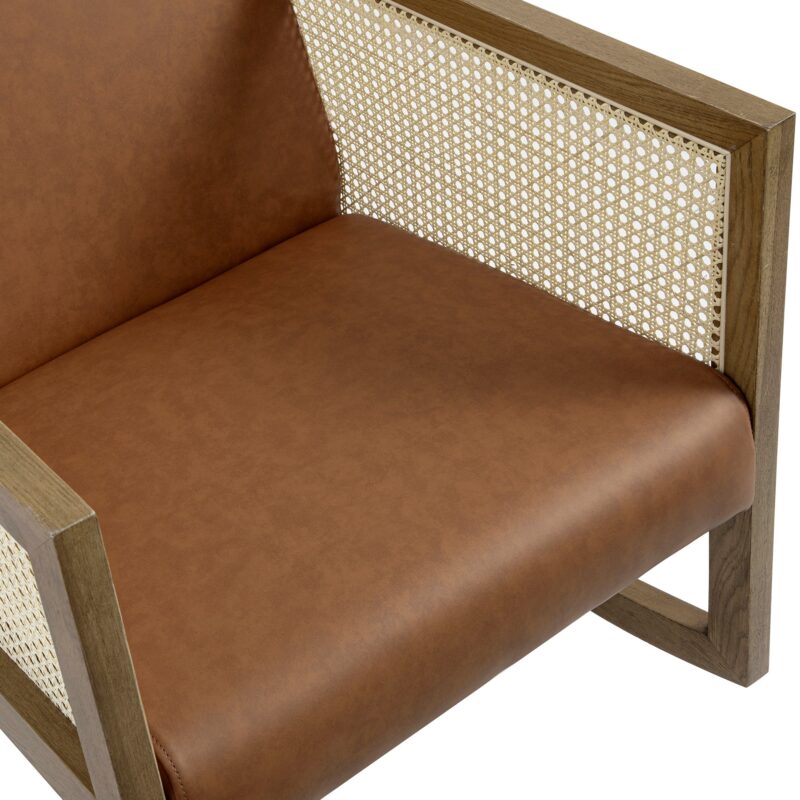 Fyne Tan Faux Leather Rocking Light Walnut Armchair with Rattan Armrests - Image 7