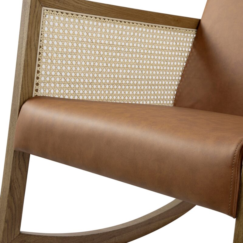Fyne Tan Faux Leather Rocking Light Walnut Armchair with Rattan Armrests - Image 8