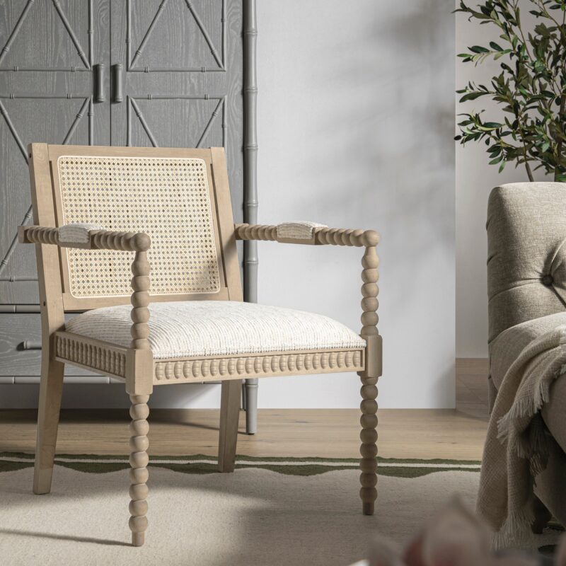 Hemingford Beige Textured Fabric Bobbin Washed Oak Armchair - Image 3