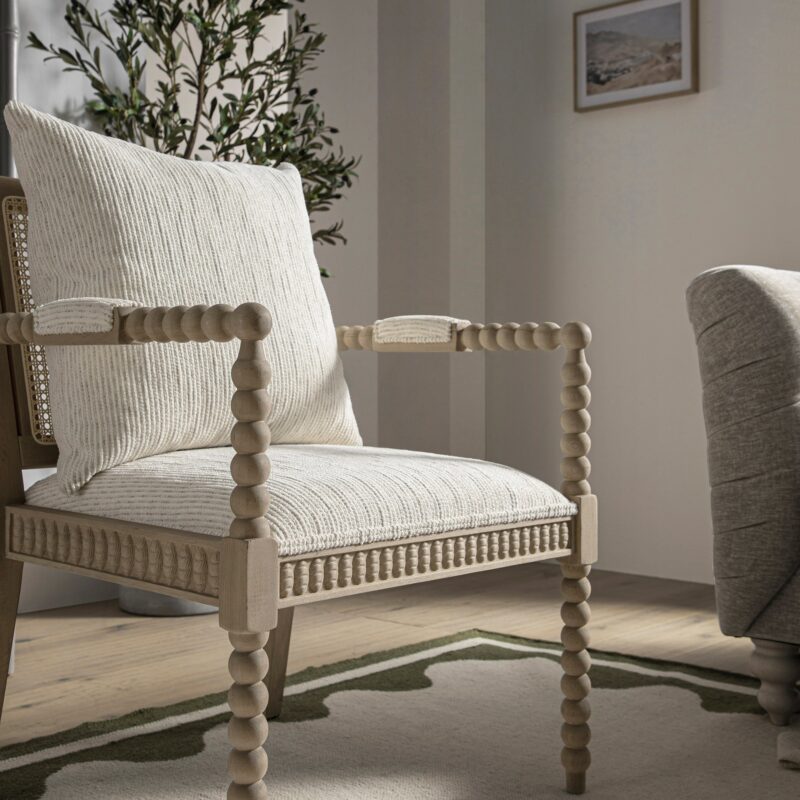Hemingford Beige Textured Fabric Bobbin Washed Oak Armchair - Image 4