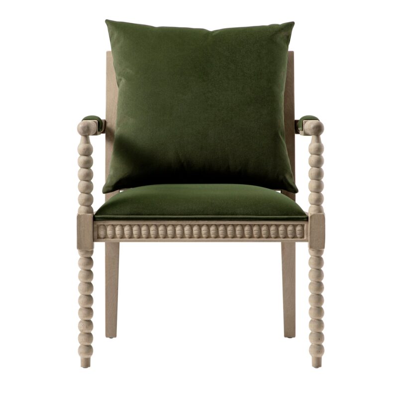 Hemingford Moss Green Velvet Bobbin Washed Oak Armchair - Image 2