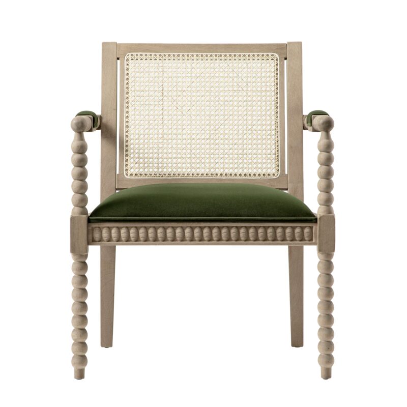Hemingford Moss Green Velvet Bobbin Washed Oak Armchair - Image 4