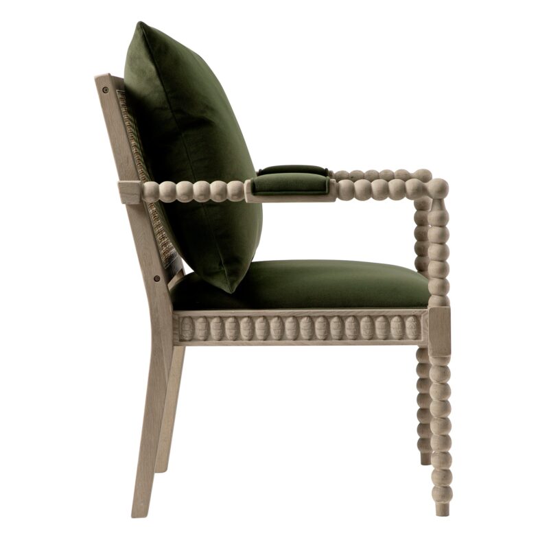 Hemingford Moss Green Velvet Bobbin Washed Oak Armchair - Image 5