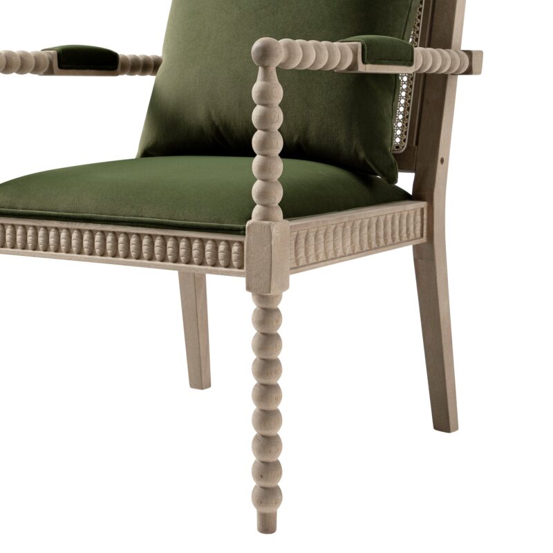 Hemingford Moss Green Velvet Bobbin Washed Oak Armchair - Image 8