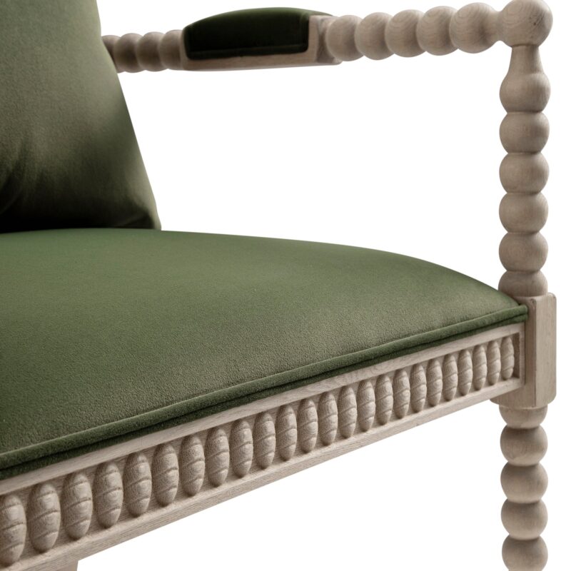 Hemingford Moss Green Velvet Bobbin Washed Oak Armchair - Image 10