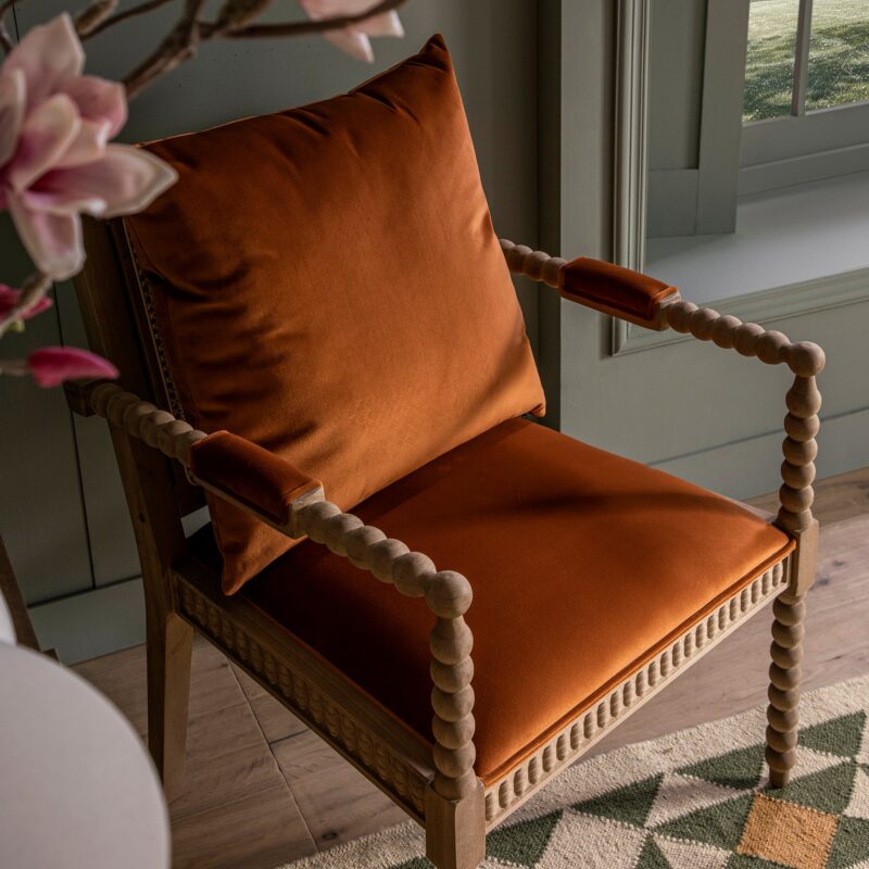 Hemingford Rust Velvet Bobbin Washed Oak Armchair - Image 4