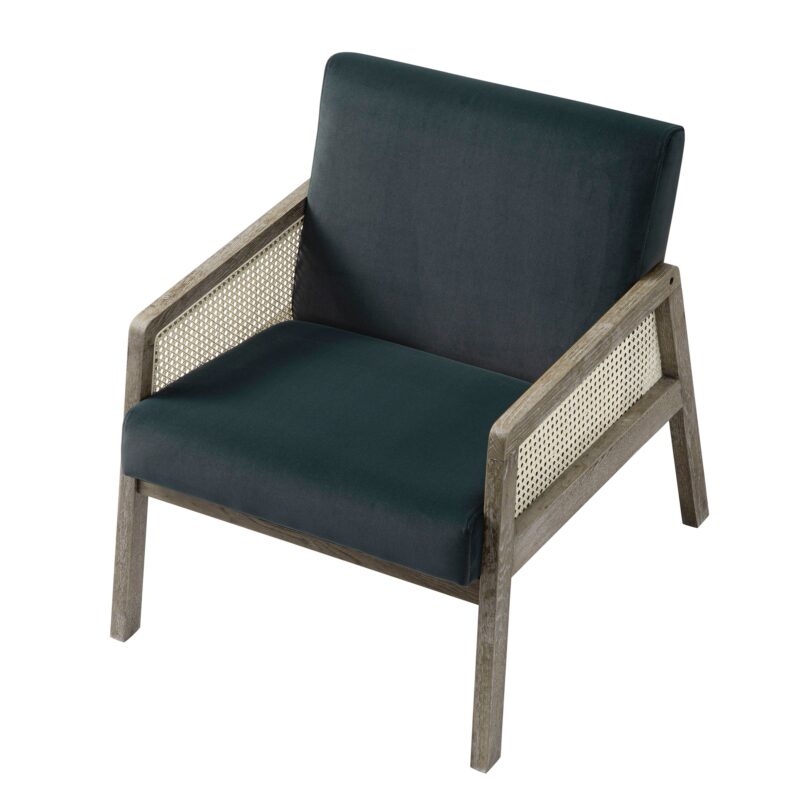 Fyne Aegean Blue Velvet Weathered Oak Frame Rattan Armchair - Image 4