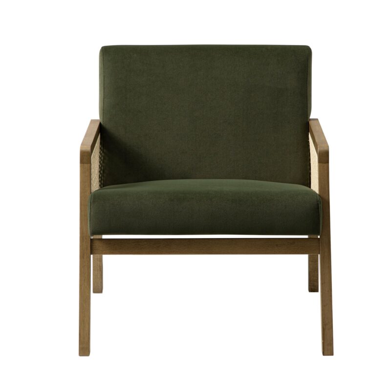 Fyne Moss Green Velvet Light Walnut Frame Rattan Armchair - Image 2