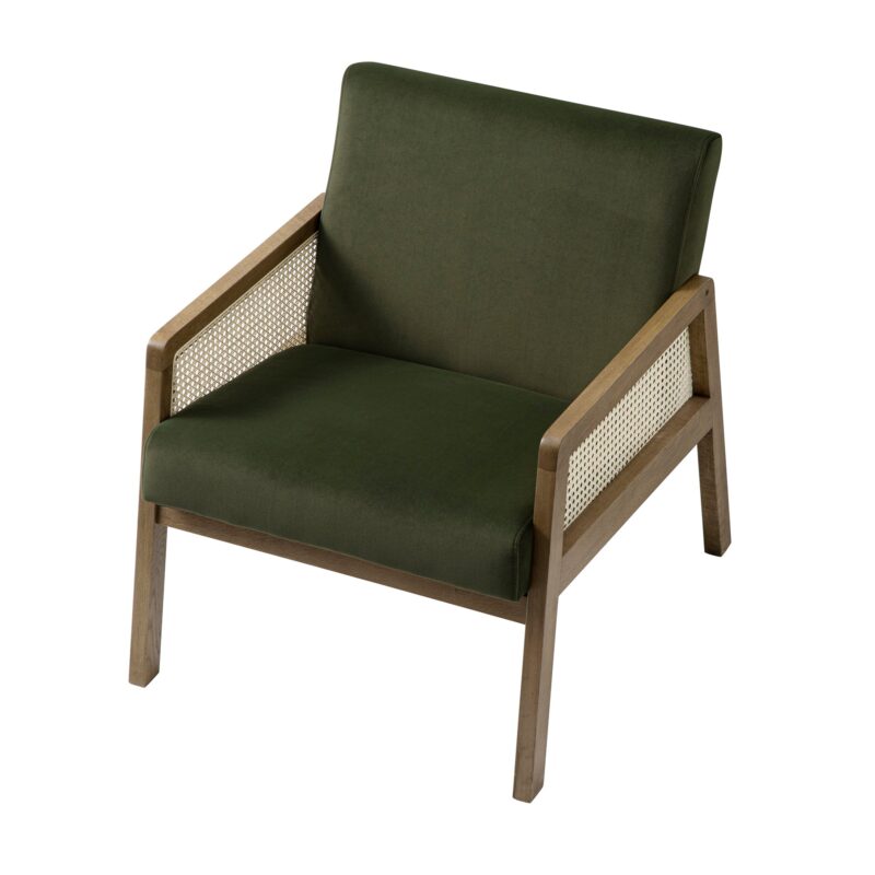 Fyne Moss Green Velvet Light Walnut Frame Rattan Armchair - Image 4