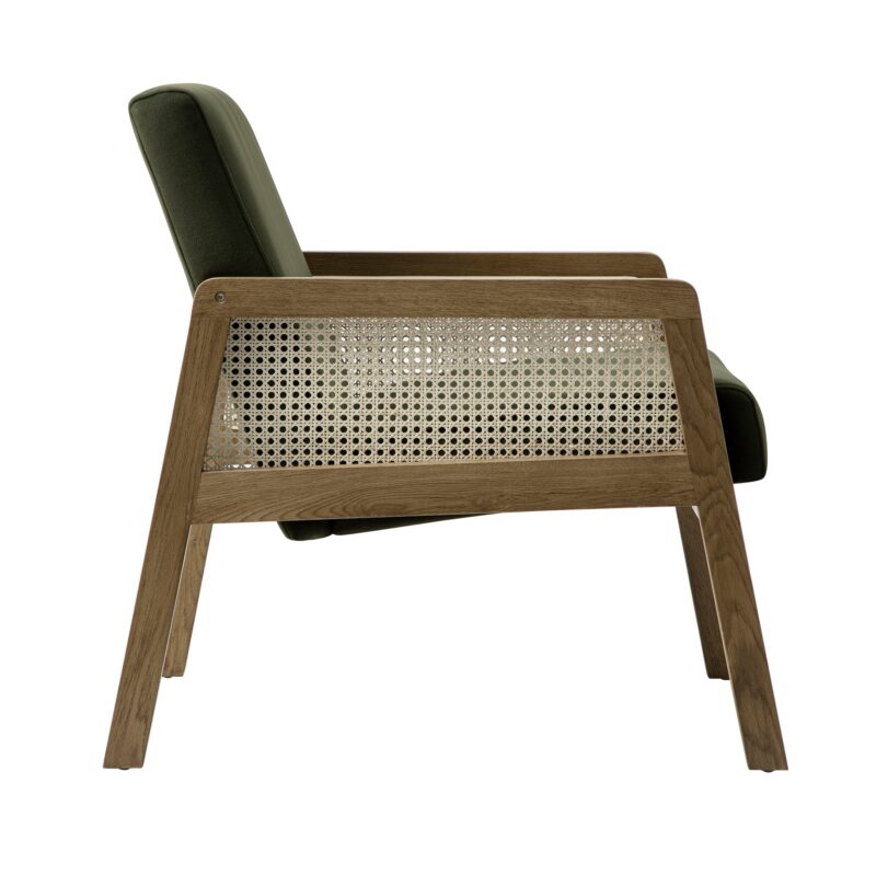 Fyne Moss Green Velvet Light Walnut Frame Rattan Armchair - Image 5