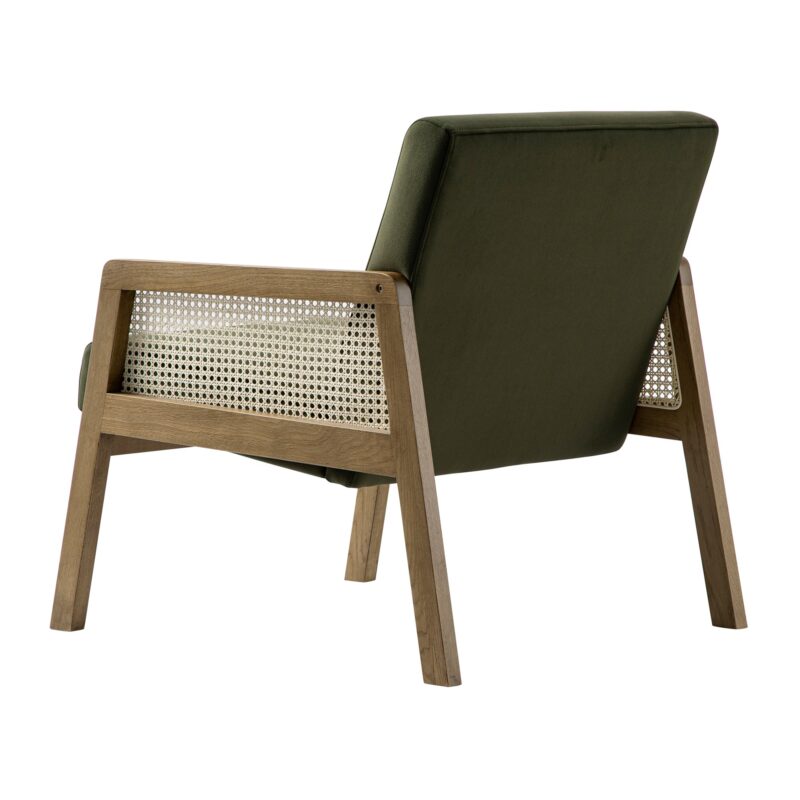 Fyne Moss Green Velvet Light Walnut Frame Rattan Armchair - Image 6
