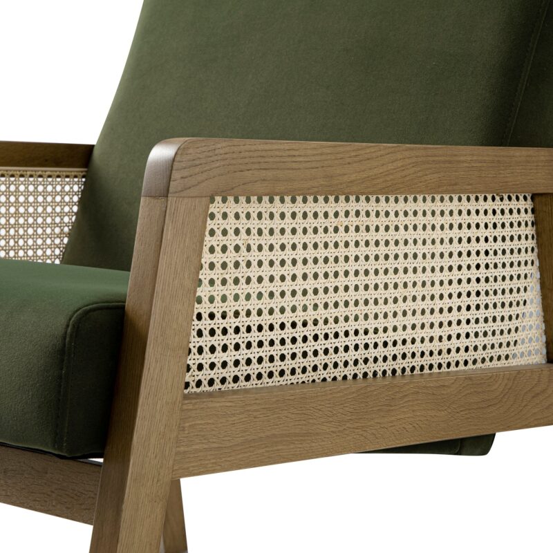 Fyne Moss Green Velvet Light Walnut Frame Rattan Armchair - Image 7
