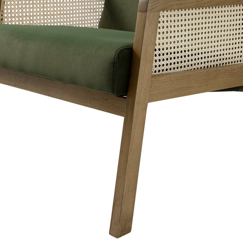 Fyne Moss Green Velvet Light Walnut Frame Rattan Armchair - Image 8