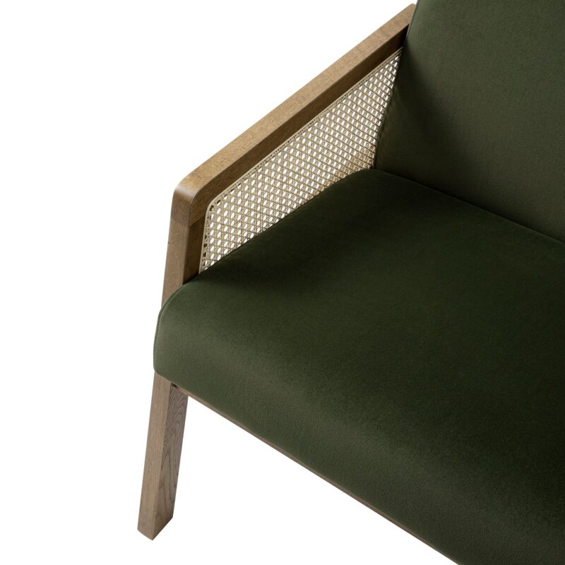 Fyne Moss Green Velvet Light Walnut Frame Rattan Armchair - Image 9
