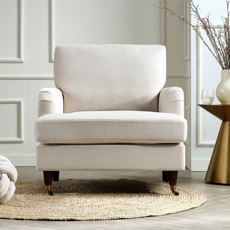Brigette Beige Velvet Armchair with Antique Brass Castor Legs - Image 2