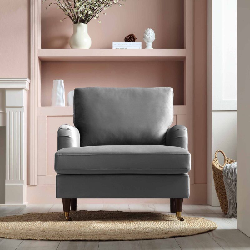 Brigette Grey Velvet Armchair with Antique Brass Castor Legs - Image 2