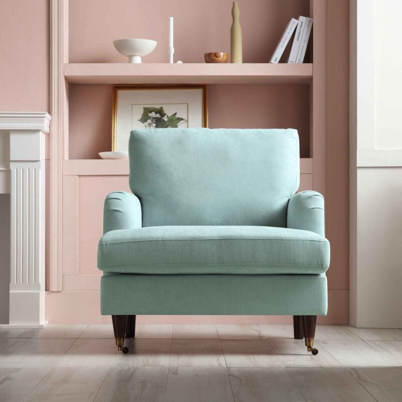 Brigette Mint Soft Brushed Fabric Armchair with Antique Brass Castor Legs - Image 2