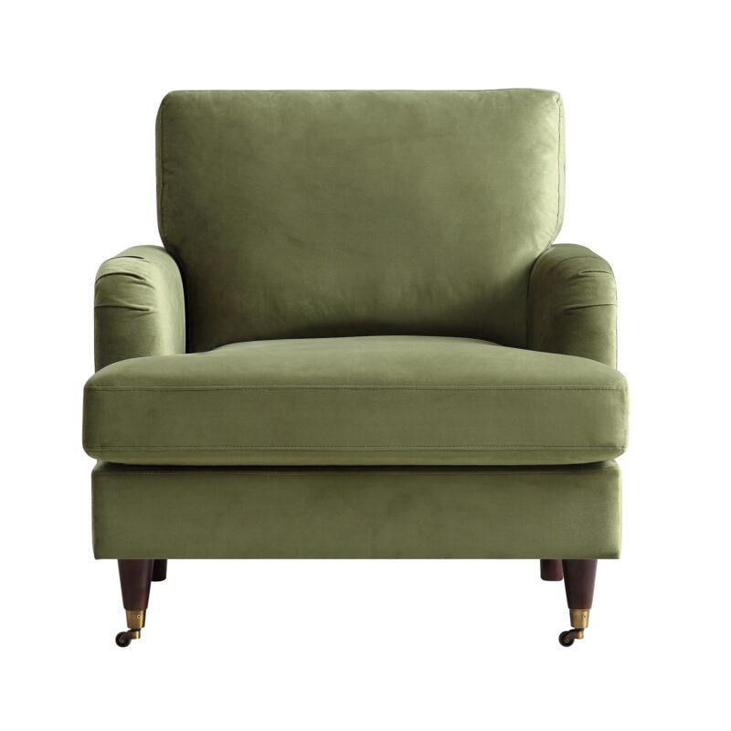 Brigette Olive Green Velvet Armchair with Antique Brass Castor Legs - Image 4
