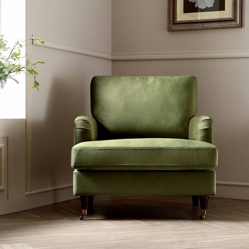 Brigette Olive Green Velvet Armchair with Antique Brass Castor Legs - Image 2