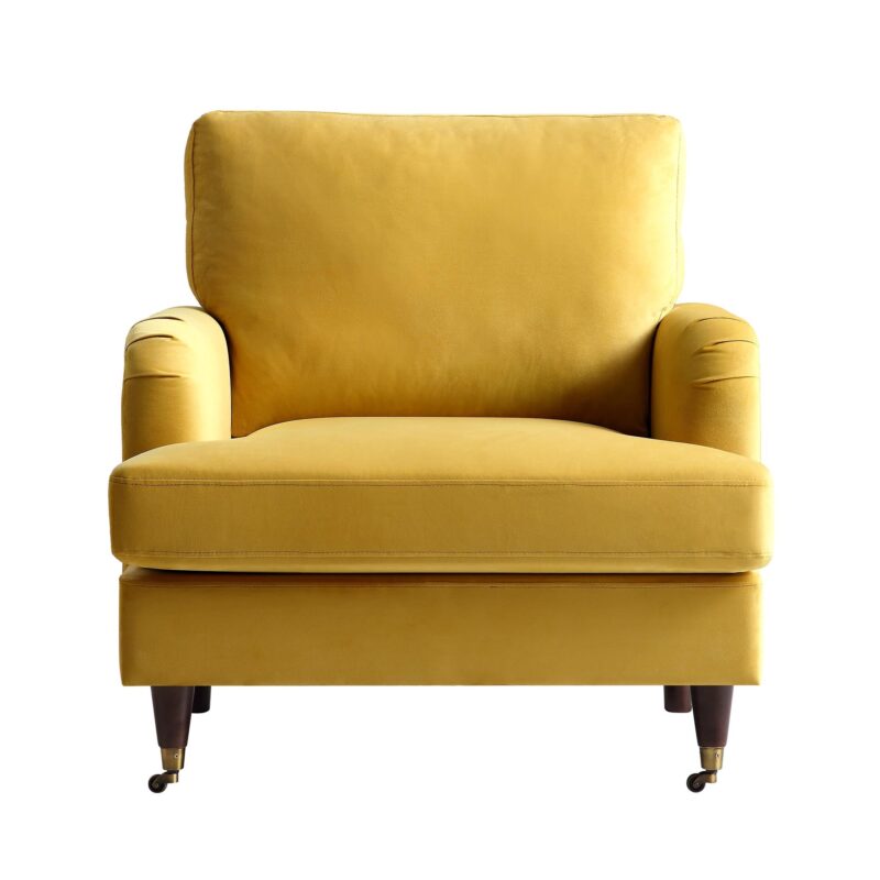 Brigette Mustard Velvet Armchair with Antique Brass Castor Legs - Image 4