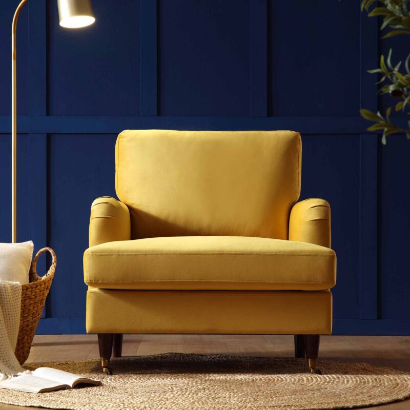 Brigette Mustard Velvet Armchair with Antique Brass Castor Legs - Image 2