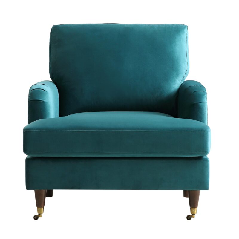 Brigette Teal Velvet Armchair with Antique Brass Castor Legs - Image 3