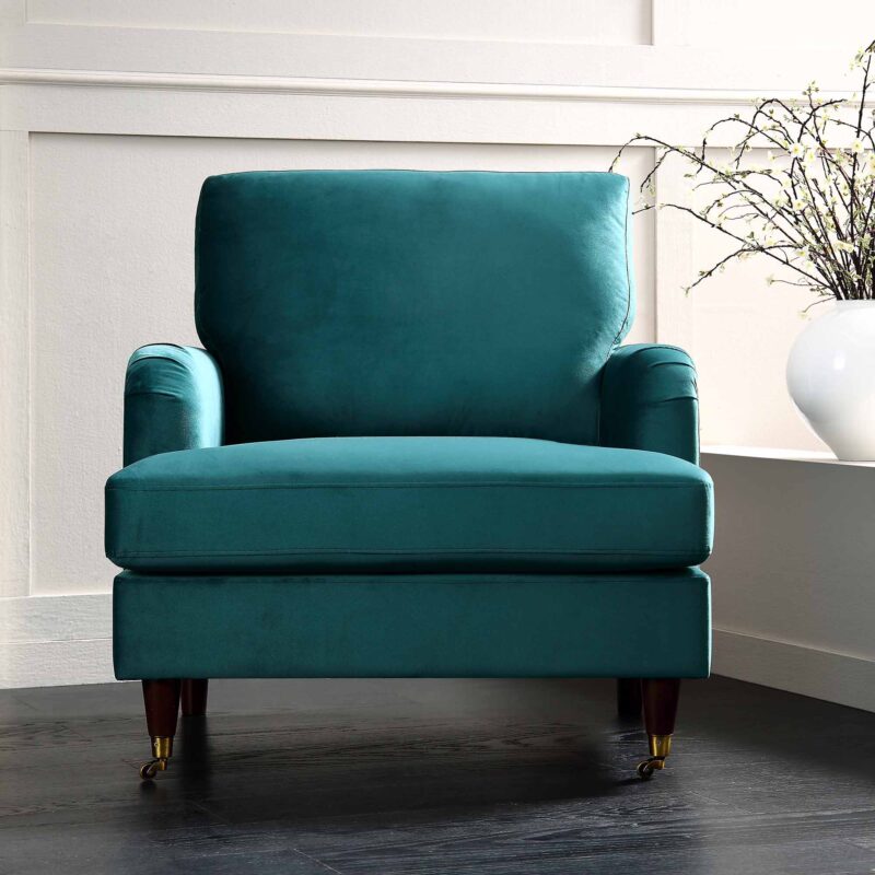 Brigette Teal Velvet Armchair with Antique Brass Castor Legs - Image 2